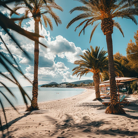 Beautiful beach with palm trees in Ibiza, Balearic Islands, Spainの素材