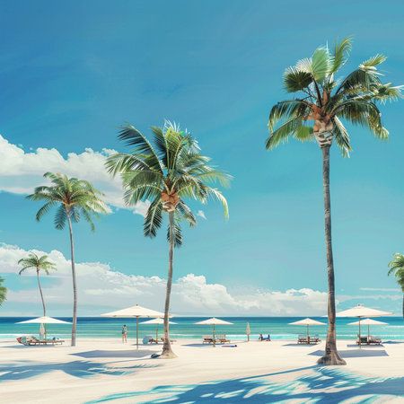 Beach with palm trees and umbrellas, 3D renderingの素材