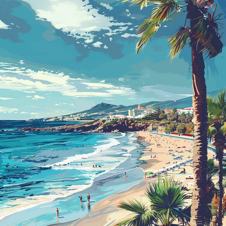 Beautiful seascape with palm trees and sand beach. Vector illustrationの素材