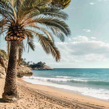 Palm tree on the beach in Calpe, Alicante, Spainの素材