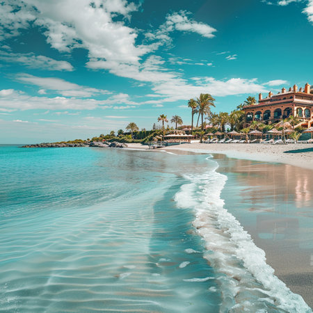 Tropical beach with turquoise water, palm trees and blue skyの素材