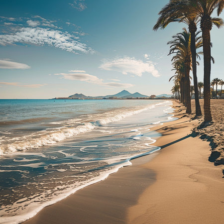Palm trees on a sandy beach and turquoise sea. Toned.の素材