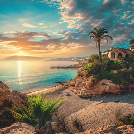 Tropical beach with palm trees at sunset, Costa Brava, Catalonia, Spainの素材