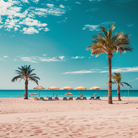 Tropical beach with palm trees, umbrellas and blue skyの素材