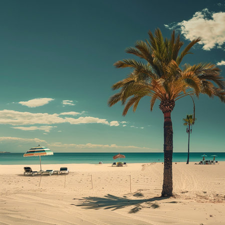 Tropical beach with palm trees and umbrellas in Spainの素材