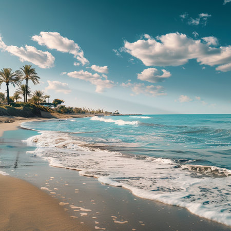 Beautiful view of the sandy beach with palm trees and turquoise seaの素材