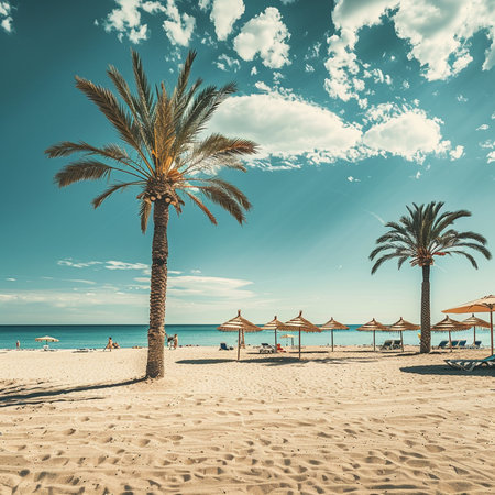 Beautiful sandy beach with palm trees and umbrellas in Spainの素材