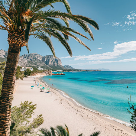 Beautiful beach with palm trees and turquoise water in Mallorca, Spainの素材