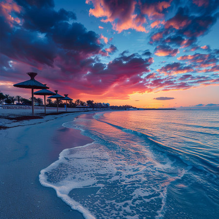 Beautiful sunset on the beach. Colorful sky and sea.の素材
