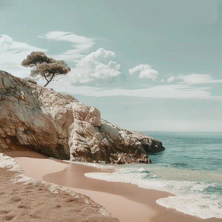 Beautiful seascape with a lonely pine tree on the rockの素材