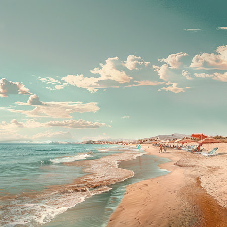 Beautiful sandy beach on a background of blue sky with clouds. Toned.の素材