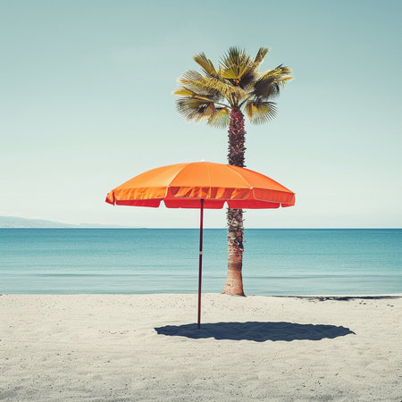 Tropical beach with palm tree and umbrella, retro tonedの素材