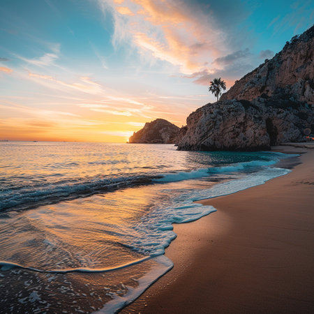 Beautiful sunset on the beach of Balearic Islands, Spainの素材