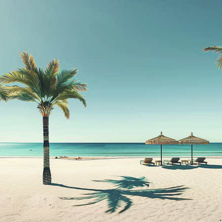 Palm trees on the sandy beach with umbrella and sunbedsの素材