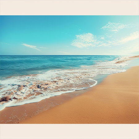 Beautiful seascape with sandy beach and blue sky. Vintage styles.の素材