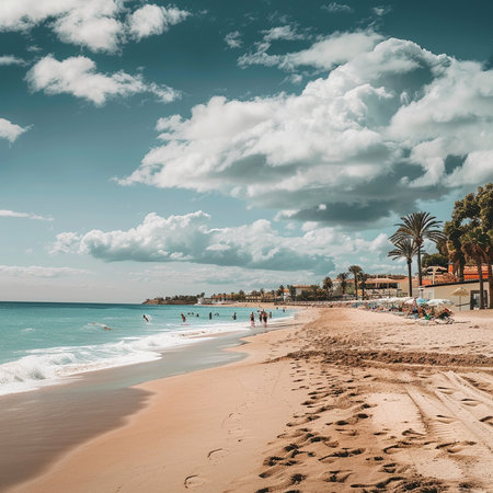 Beautiful sandy beach with palm trees and blue sky with clouds - Vintage Filterの素材