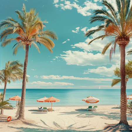 Beach with palm trees and umbrellas, retro tonedの素材