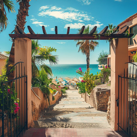 Tropical resort with palm trees, stairs and sea view.の素材