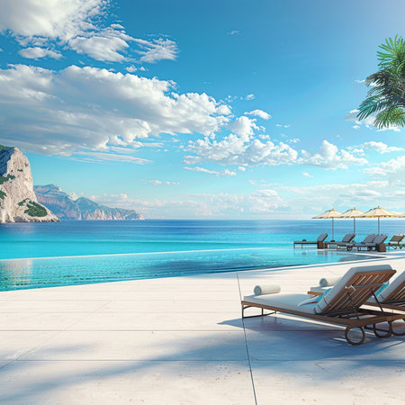 Sunbeds and umbrellas on the terrace overlooking the seaの素材