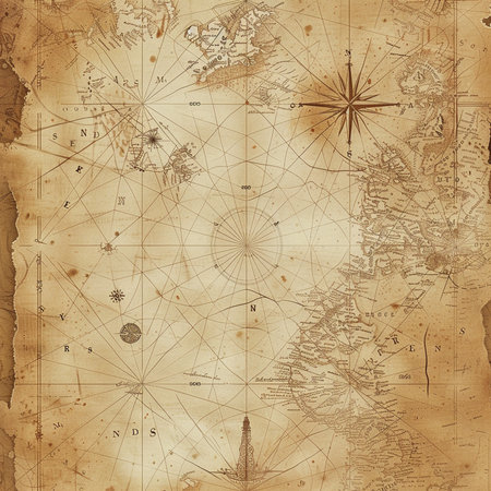 Old vintage map with wind rose and compass. Old paper background.の素材
