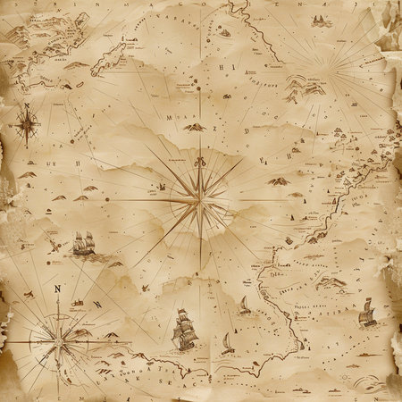 Old map with wind rose and compass. Vintage background for travel and adventure.の素材