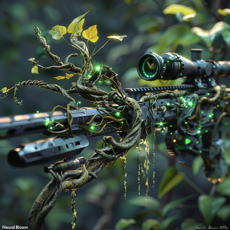 Sniper rifle with green light on the forest background. 3d rendering.の素材