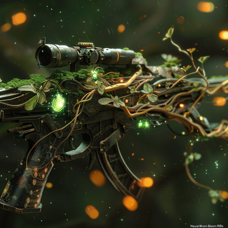 3D illustration of a dark forest with a machine gun and green vegetationの素材