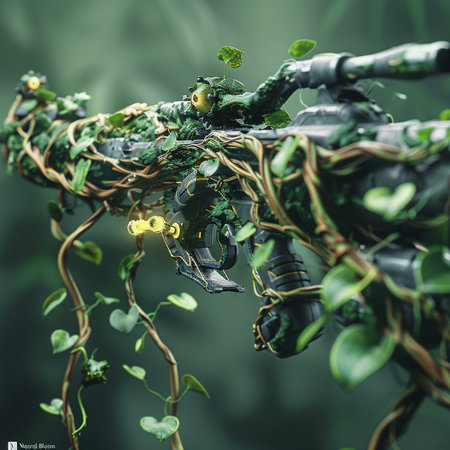 3d rendering of a robot in the jungle with a green backgroundの素材
