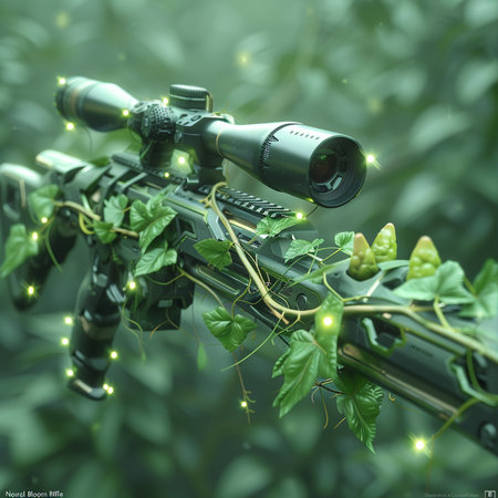 Sniper rifle with scope and green vine. 3d illustration.の素材