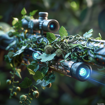 Hunting rifle with a crossbow and green plants on the backgroundの素材