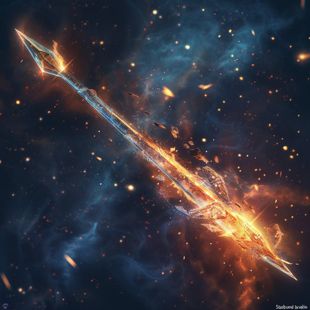 Fantasy magic sword in space with stars and nebula. 3D illustrations.の素材