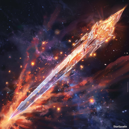 Fantasy illustration of a fantasy sword in the space with stars and nebula.の素材
