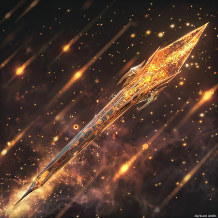 Fantasy illustration of a fantasy sword in space. 3D rendering.の素材