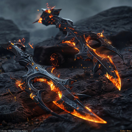 Fantasy illustration of two fantasy swords in flames. 3D renderingの素材