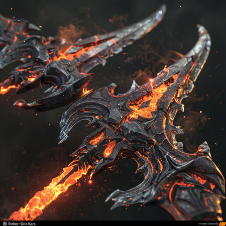 Flaming sword with flames on black background. 3d renderingの素材