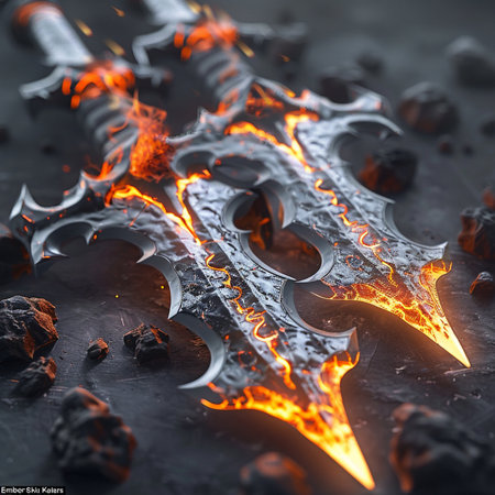 Flaming medieval sword on black background. 3d illustration.の素材