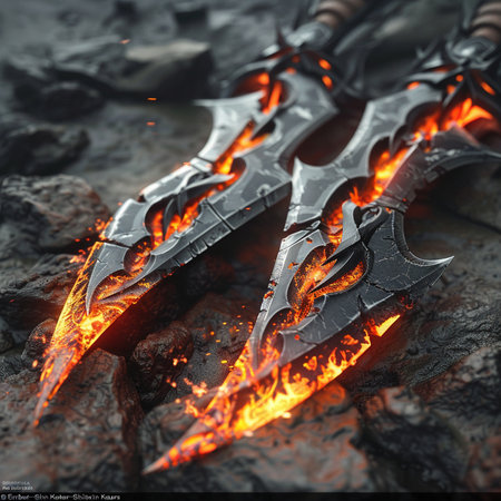 Flaming knives on the background of the coal. 3D renderingの素材