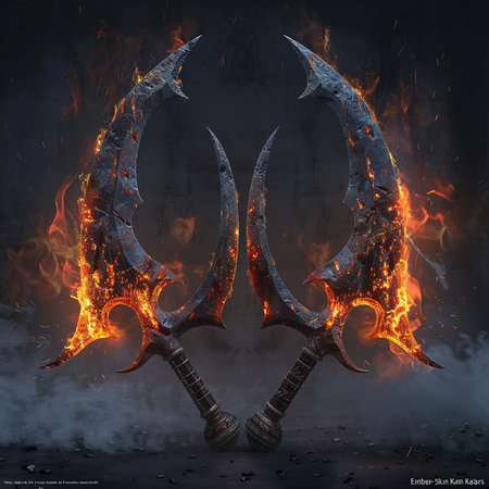 Two crossed trident on fire background. 3D rendering, 3D illustration.の素材