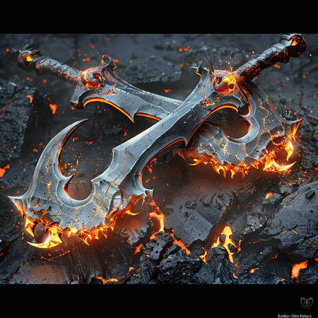 Crossed medieval sabers on fire background. 3d illustration.の素材