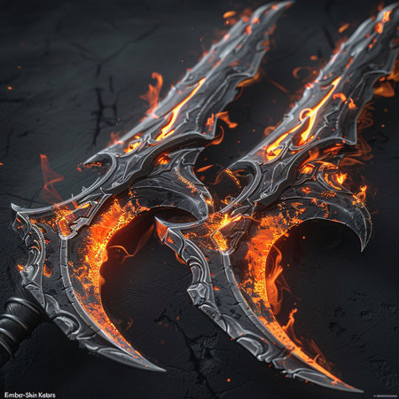 Flaming fantasy sword on black background. 3d illustration.の素材