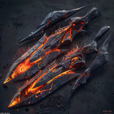 Flaming knives on a dark background. 3d rendering.の素材