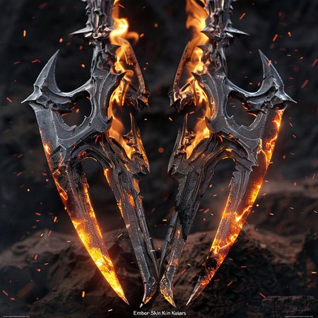 Flaming sword with flames and sparks in the dark. 3d illustrationの素材