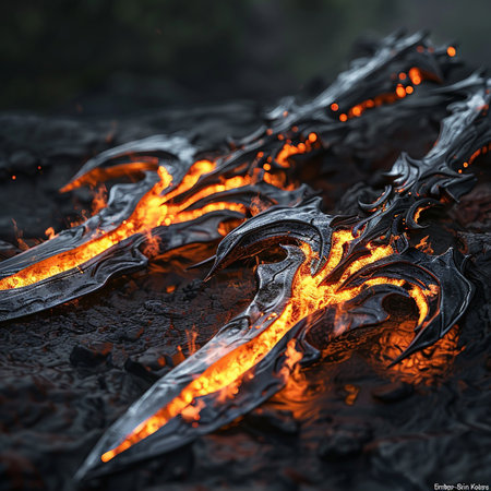 Burning lava in the forest, close-up. 3d renderingの素材