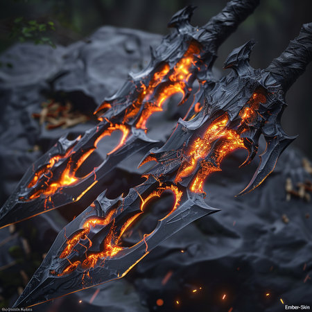 Flaming sword with fire flames in the forest. 3d renderingの素材