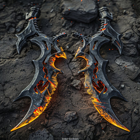 Flaming knives on a black background. 3d illustration.の素材