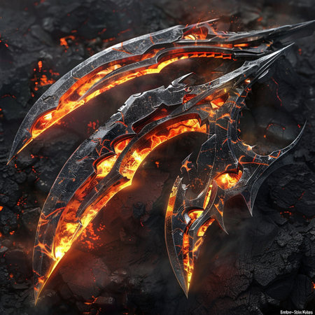 Flaming fantasy dragon blade on the black coal background. 3d illustrationの素材
