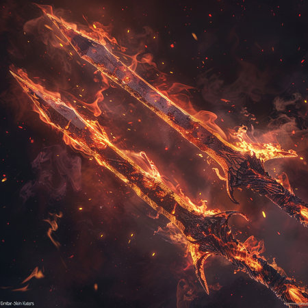 Flaming sword in the fire. 3d rendering, illustration.の素材