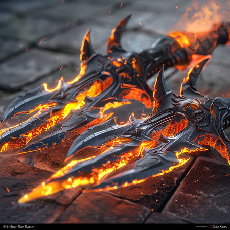 Flaming sword in the middle of the fire on a stoneの素材