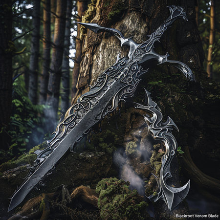 3D rendering of a fantasy medieval sword in the forest. Fantasy concept.の素材