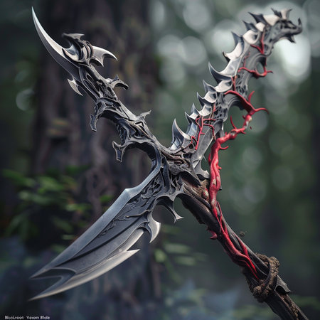 3d rendering of a fantasy sword with a sharp blade in the forestの素材